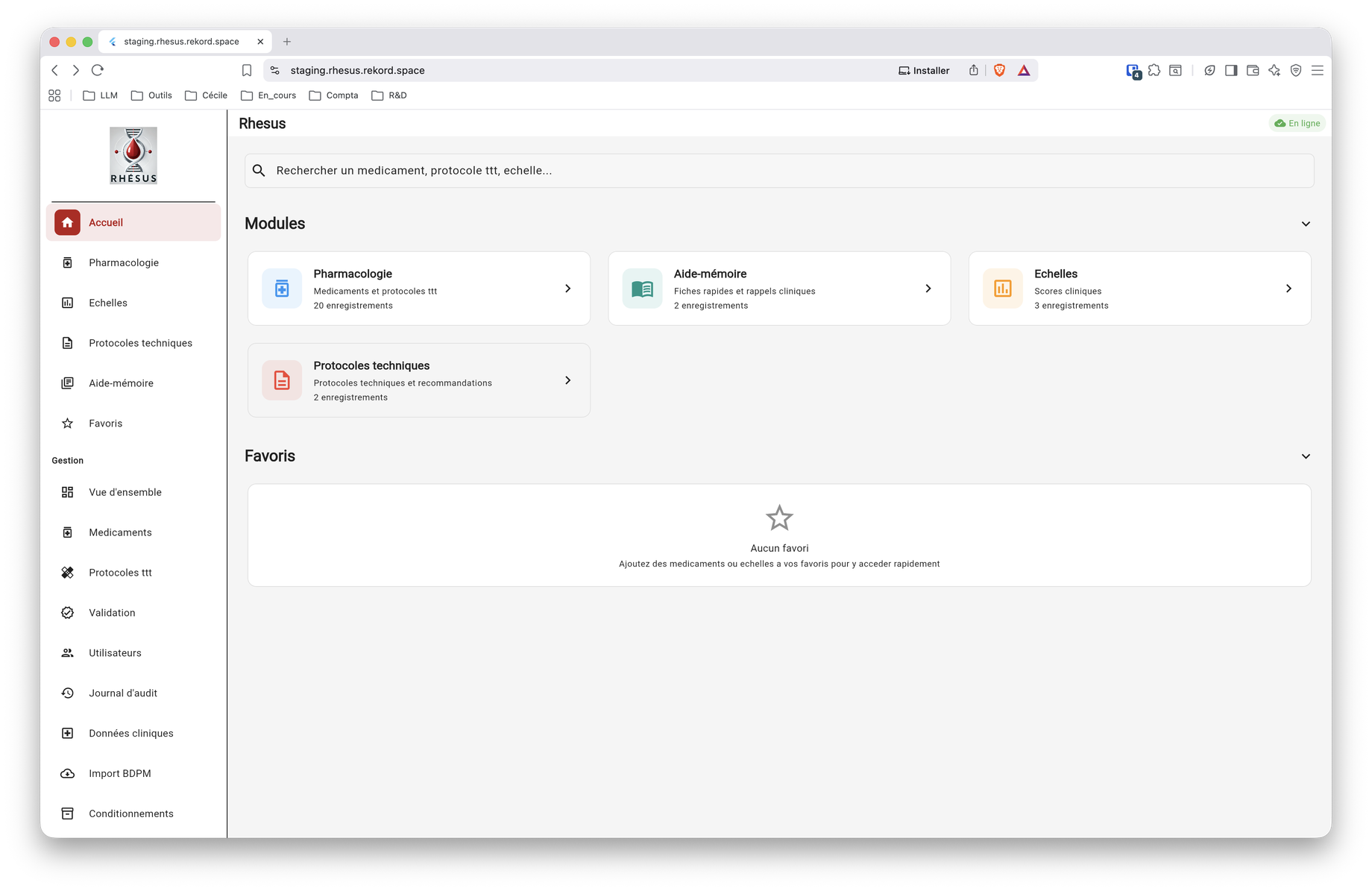 Console web Rhésus — tableau de bord et modules